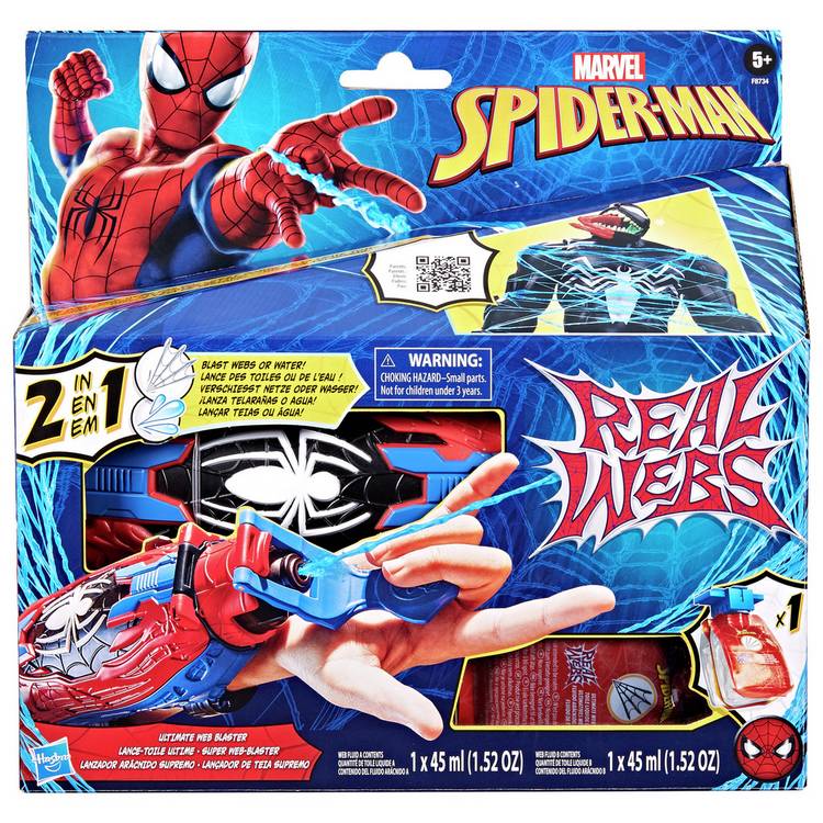 Spider-Man Ultimate Real Webs Blaster toy set with web pouch, imported from the UK
