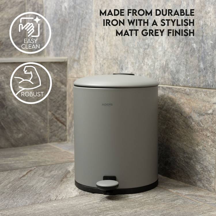 Addis grey 5 litre bathroom pedal bin - British product