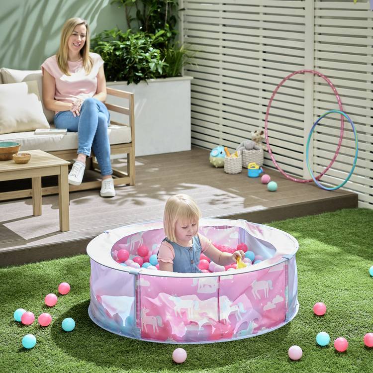 Chad Valley pink ball pit with unicorn theme, imported from the UK