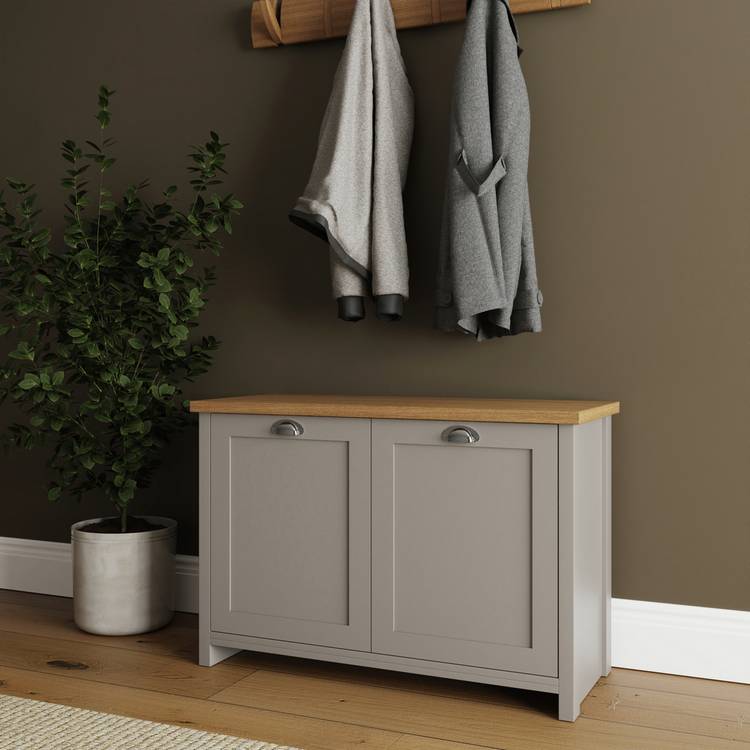 Lancaster grey shoe cabinet with oak-effect top, UK version