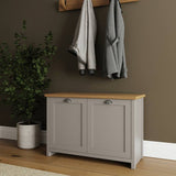 Lancaster grey shoe cabinet with oak-effect top, UK version