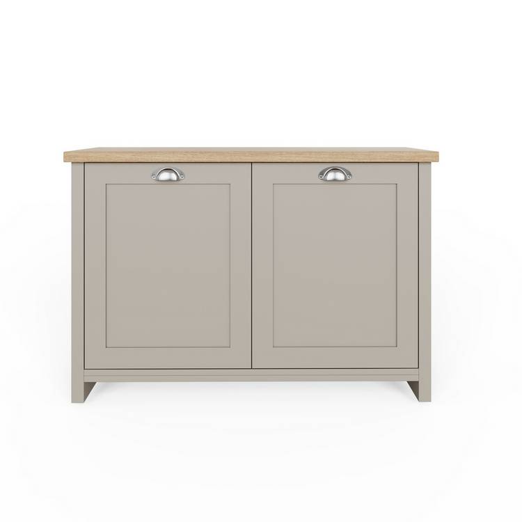 Lancaster grey shoe cabinet with oak-effect top, UK version