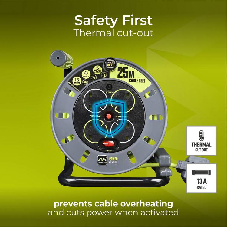Masterplug Pro-XT 25m cable reel 4 sockets - British product