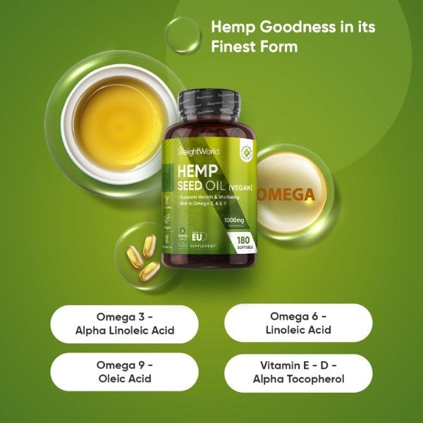 WeightWorld hemp seed oil softgels 180 count, imported from the UK