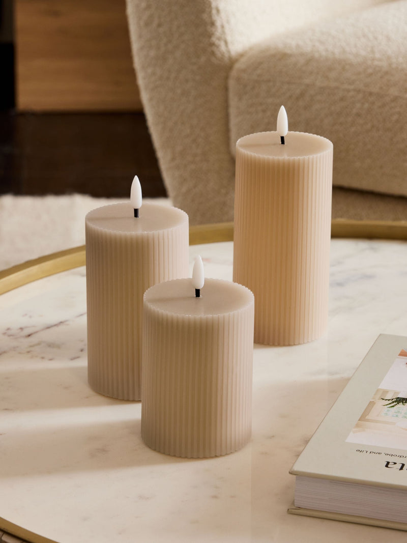 Taupe brown real wax ribbed LED pillar candles set of 3 (British brand)