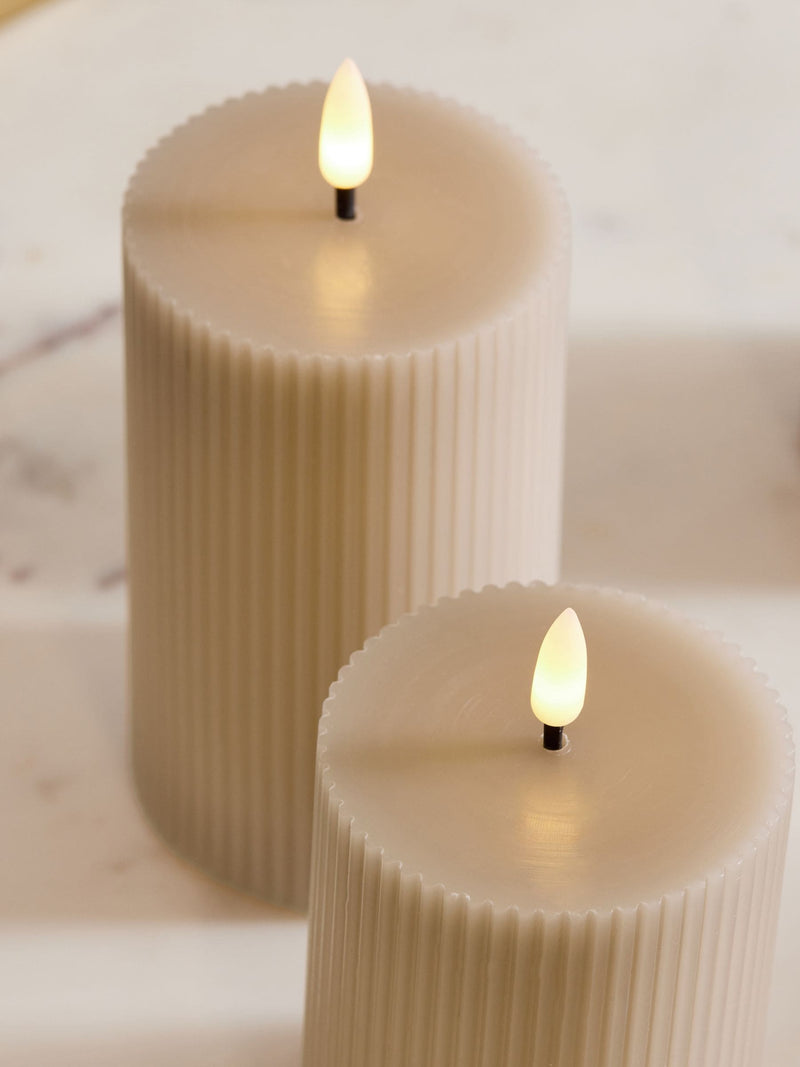 Taupe brown real wax ribbed LED pillar candles set of 3 (British brand)