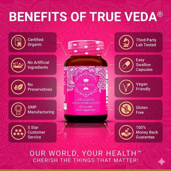True Veda Organic MenoHarmony supplement 360 capsules, UK version