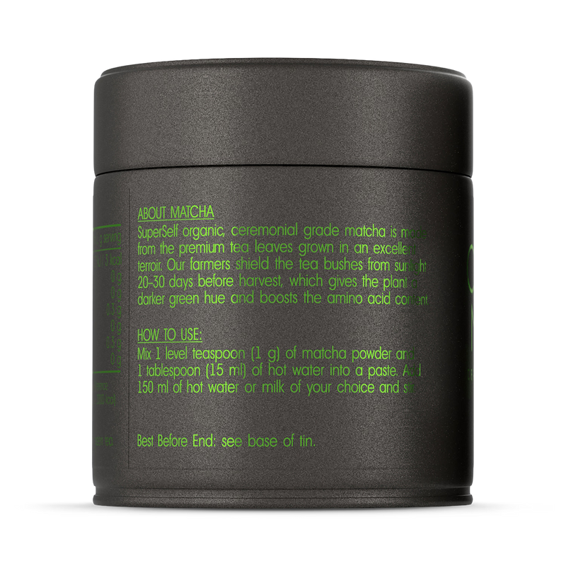 SuperSelf organic matcha green tea powder ceremonial grade 50g, imported from the UK