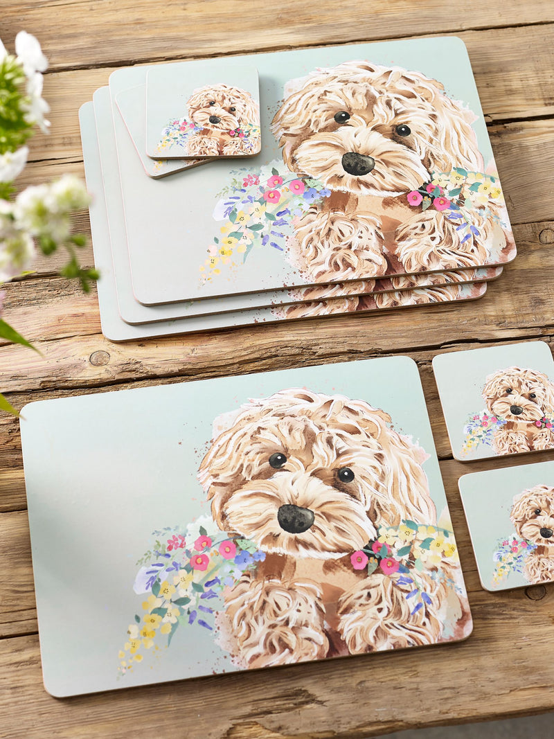 Sage Green Charlie Cockapoo placemat and coaster set Set of 4 (British brand)