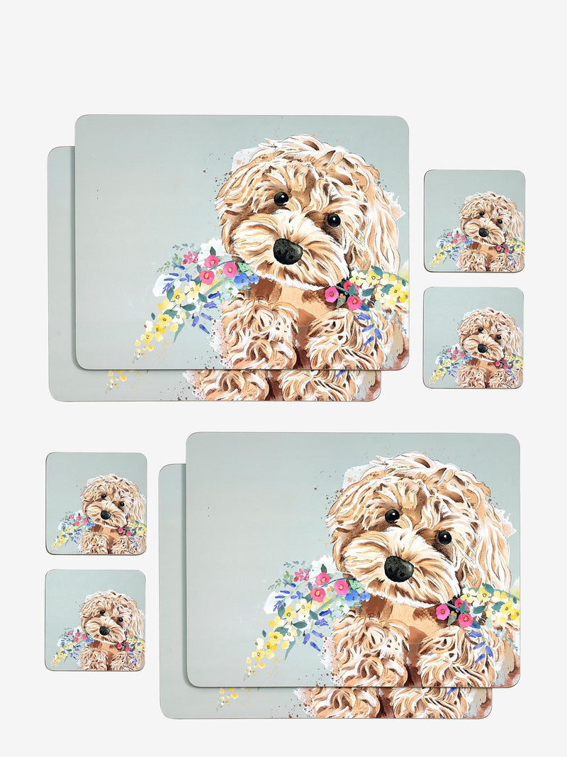 Sage Green Charlie Cockapoo placemat and coaster set Set of 4 (British brand)