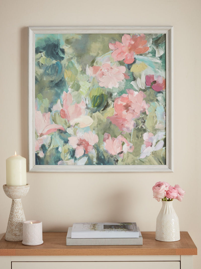 Green pink abstract floral framed wall art 60x60cm - British product