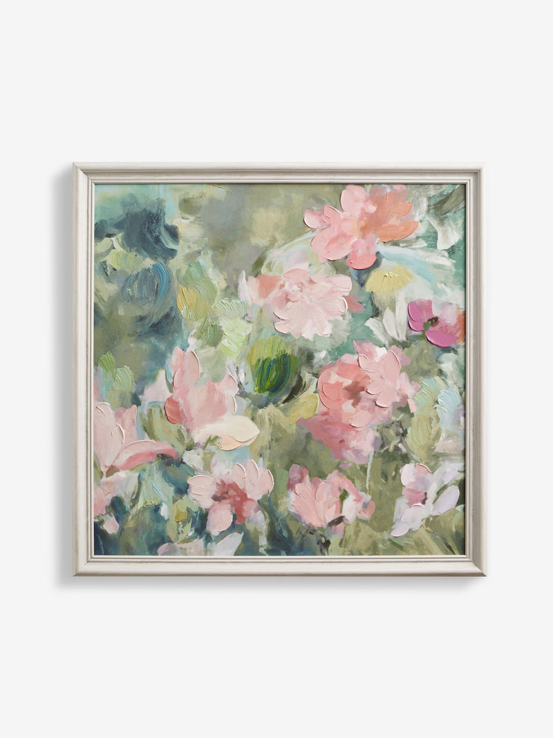 Green pink abstract floral framed wall art 60x60cm - British product