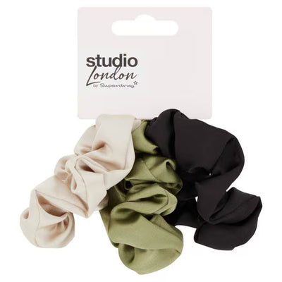 Superdrug Studio London Scrunchies Hair Bands Black Green Taupe 3 Pack- Buy online at McGrocer