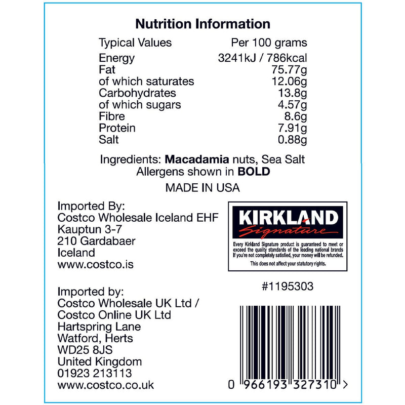 Kirkland Signature dry roasted macadamia nuts with sea salt 680g, UK version