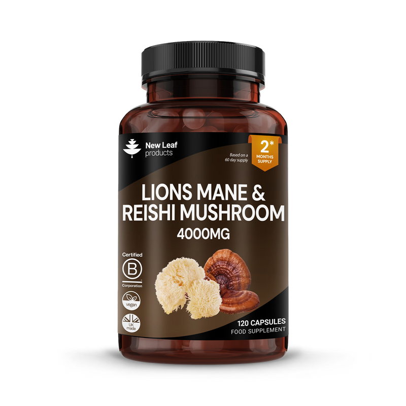 New Leaf Products Lions Mane and Reishi mushroom supplement 120 capsules (British brand)