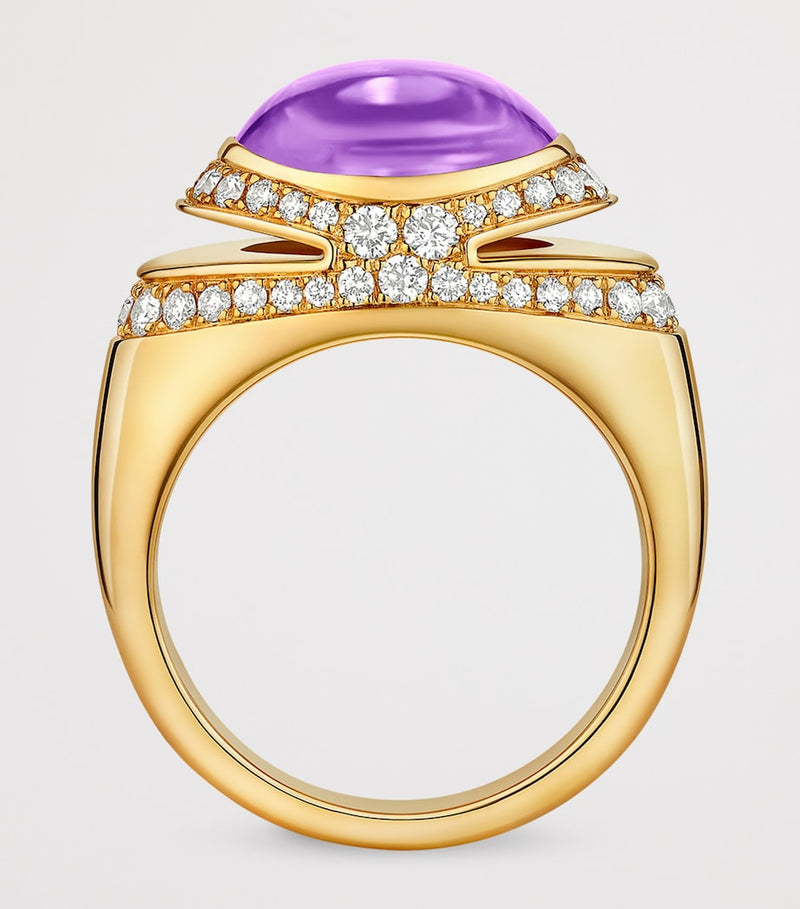 Bvlgari yellow gold diamond amethyst cabochon ring, imported from the UK