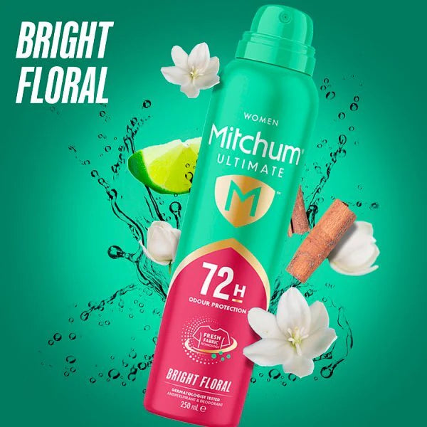 Mitchum 72H Antiperspirant Spray Bright Floral 250ml, imported from the UK