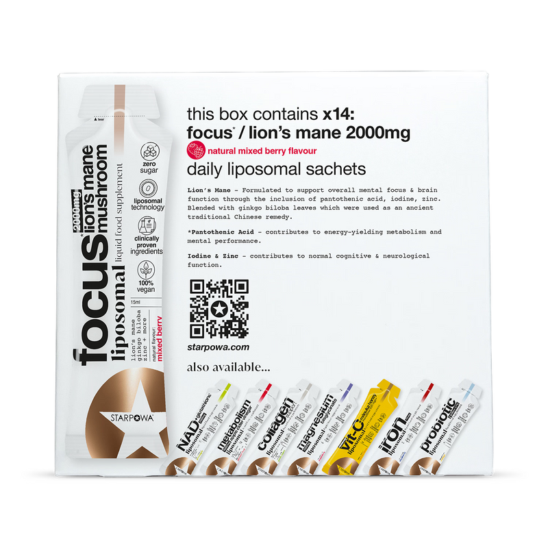 Starpowa Focus Lion's Mane liposomal supplement mixed berry, imported from the UK