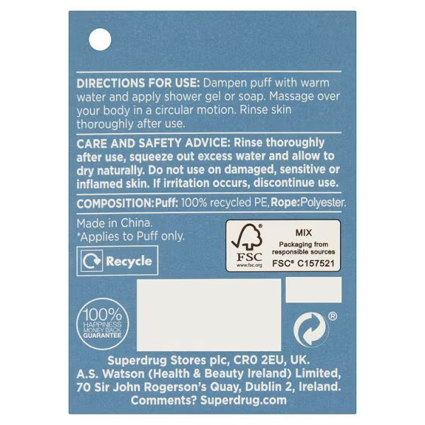 Superdrug white body cleansing puff made from recycled plastic (British brand)