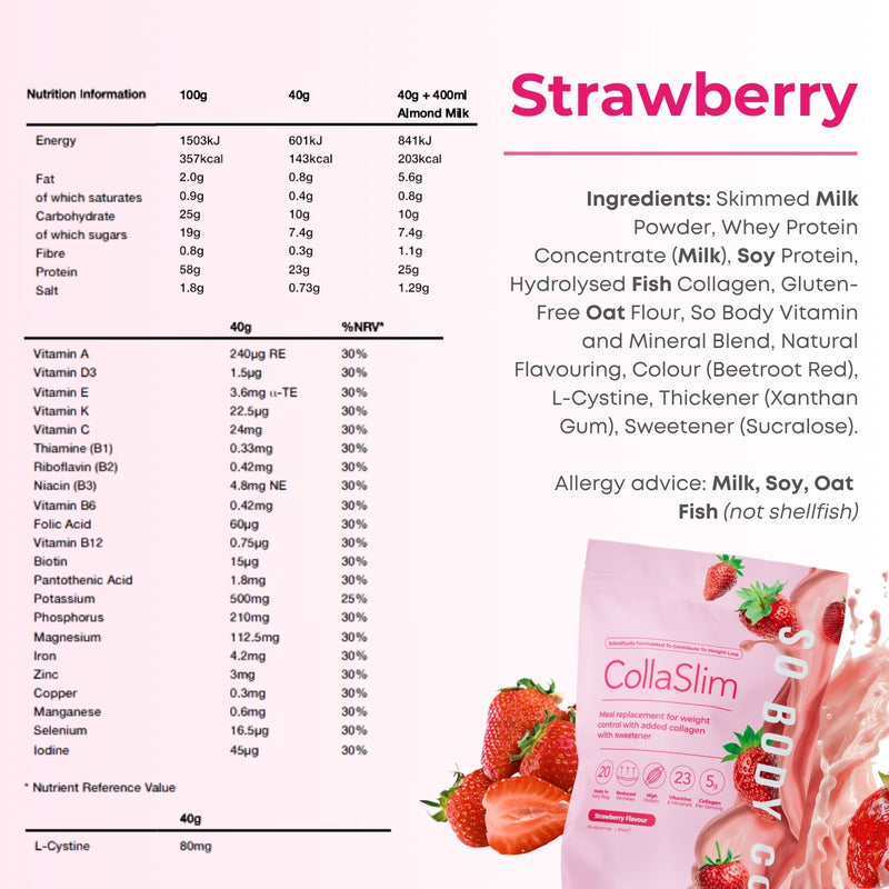 So Body Co CollaSlim strawberry meal replacement shake 40g, UK version