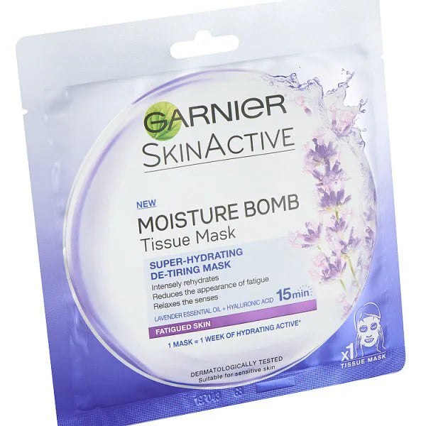 Garnier Moisture Bomb Lavender Hyaluronic Acid sheet mask 28g, UK version