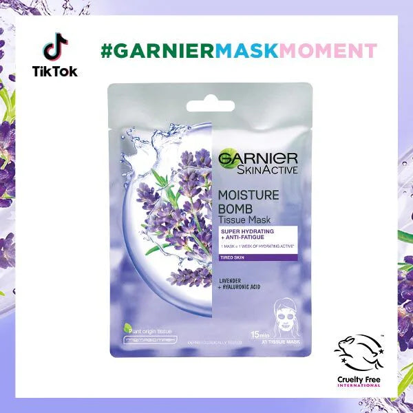Garnier Moisture Bomb Lavender Hyaluronic Acid sheet mask 28g, UK version