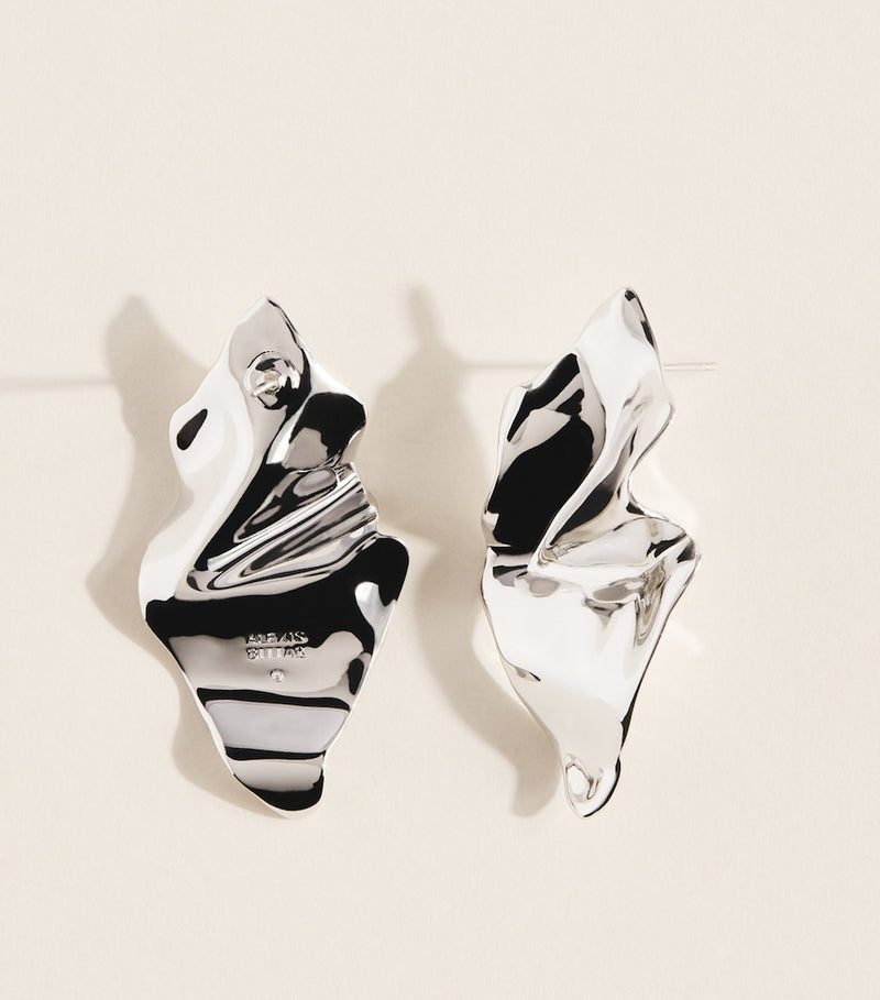 Alexis Bittar small crumpled earrings in rhodium plated brass, imported from the UK