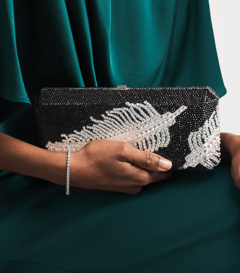 Judith Leiber crystal feather clutch bag with chain strap (British brand)