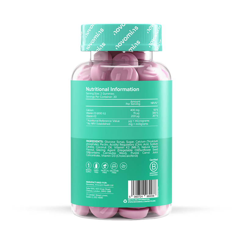 Novomins Calcium gummies peach flavour 60, imported from the UK