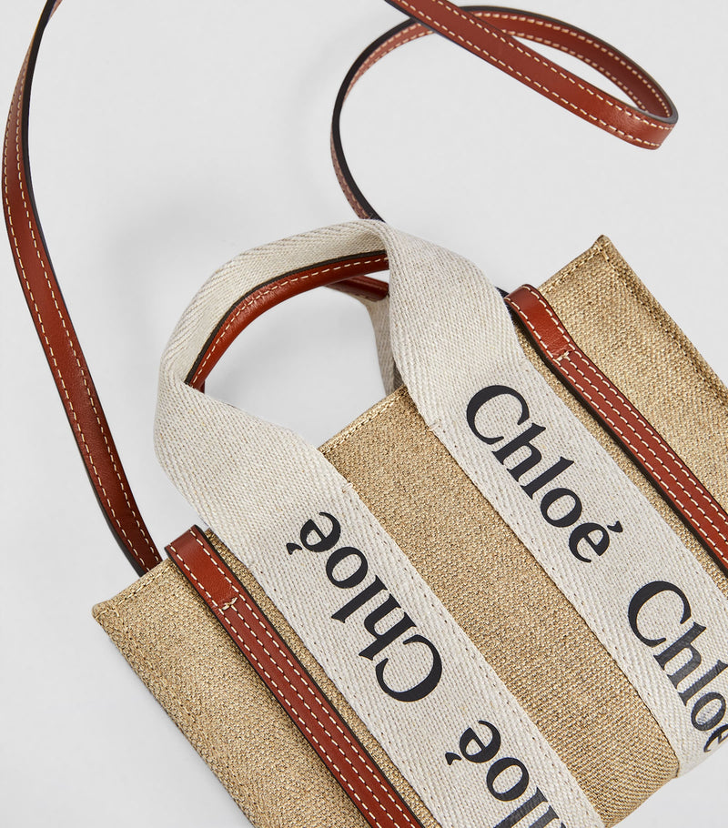 Chloé Mini Woody Tote Bag cotton canvas leather trims, imported from the UK