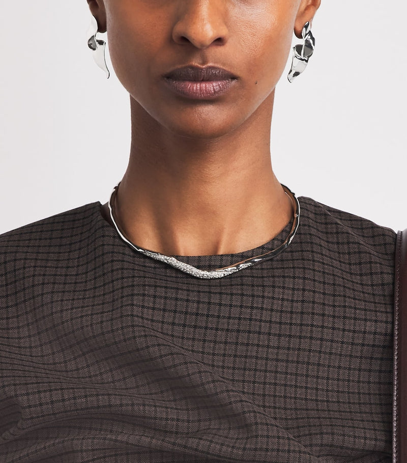 Alexis Bittar small crumpled earrings in rhodium plated brass, imported from the UK