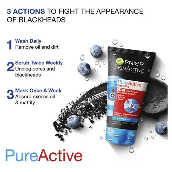 Garnier Pure Active charcoal 3in1 wash 150ml, UK version