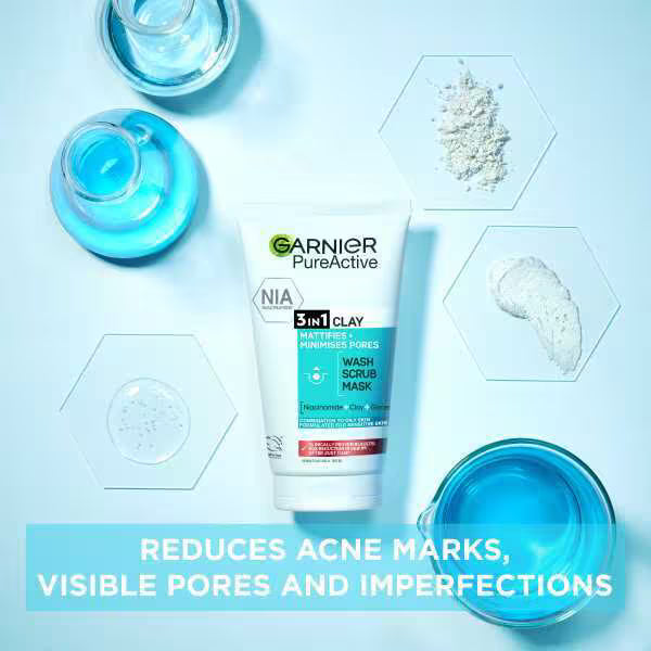 Garnier Pure Active 3in1 Clay Mask Scrub Wash 150ml, imported from the UK