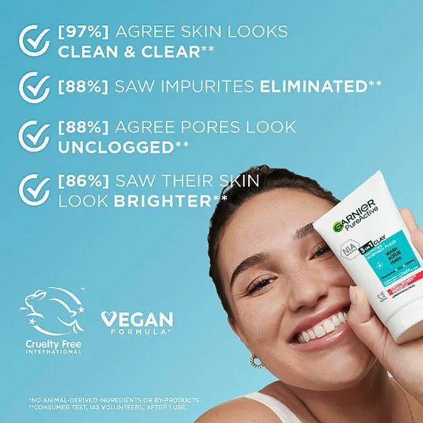 Garnier Pure Active 3in1 Clay Mask Scrub Wash 150ml, imported from the UK