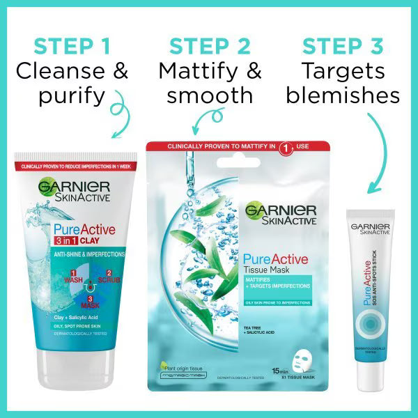 Garnier Pure Active 3in1 Clay Mask Scrub Wash 150ml, imported from the UK