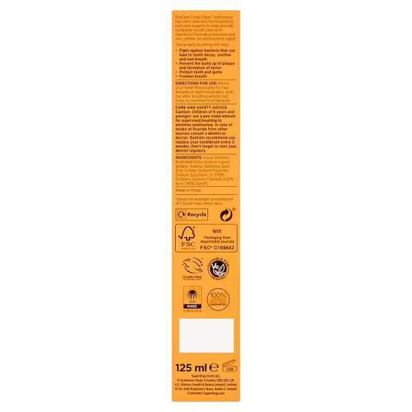 Superdrug ProCare Total Clean Toothpaste 125ml (British brand)