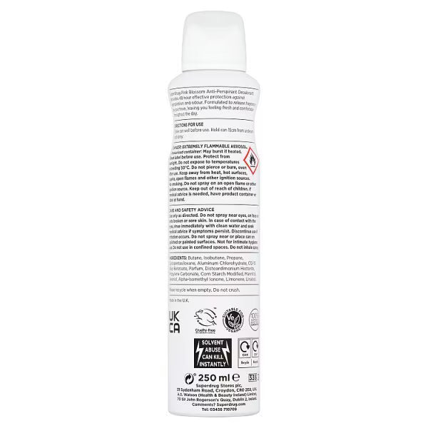 Superdrug women's pink antiperspirant spray 250ml (British brand)