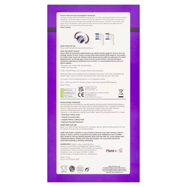 ProCare electric toothbrush and toothpaste gift set, imported from the UK