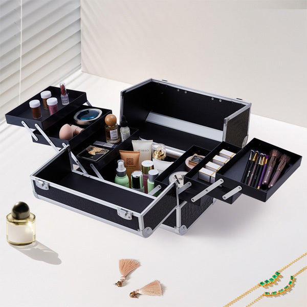 Livingandhome Professional Makeup Box 6 Trays Black Crocodile Print, UK version