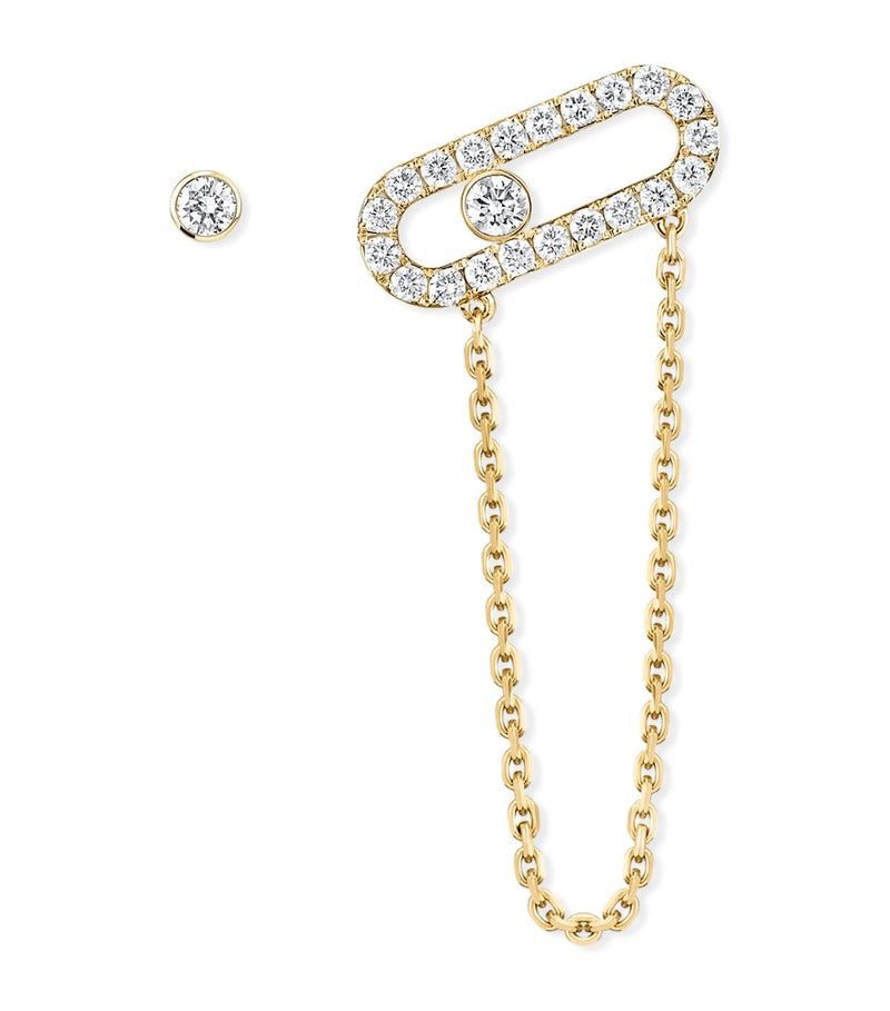 Messika Move Uno asymmetric earrings 18kt yellow gold 0.30ct diamond, imported from the UK