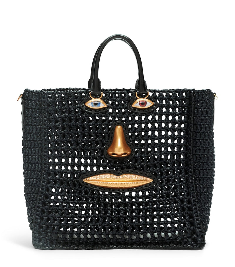 Schiaparelli raffia face tote bag H32cm with leather trims (British brand)