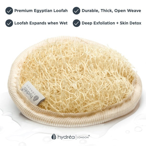 Hydrea London Egyptian Loofah Facial Pads 2-Pack, imported from the UK