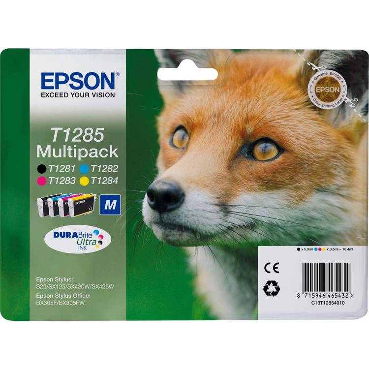 Epson T1285 Fox ink cartridges black and colour pack (British brand)