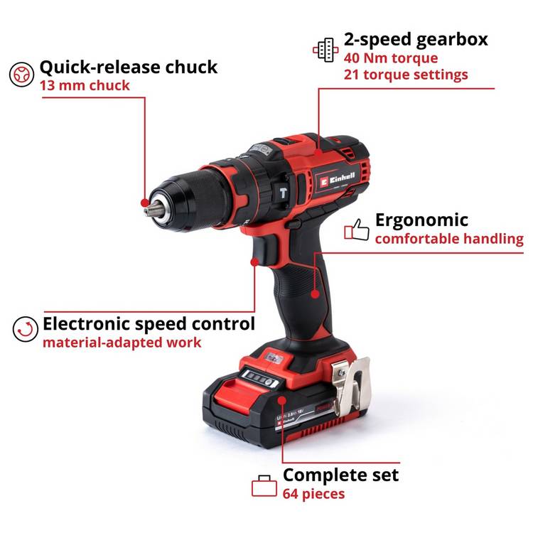 Einhell Power X-Change cordless combi drill set with 64 pieces, imported from the UK