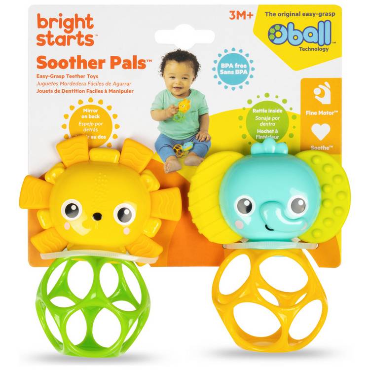 Bright Starts Soother Pals lion and elephant teether toys, UK version