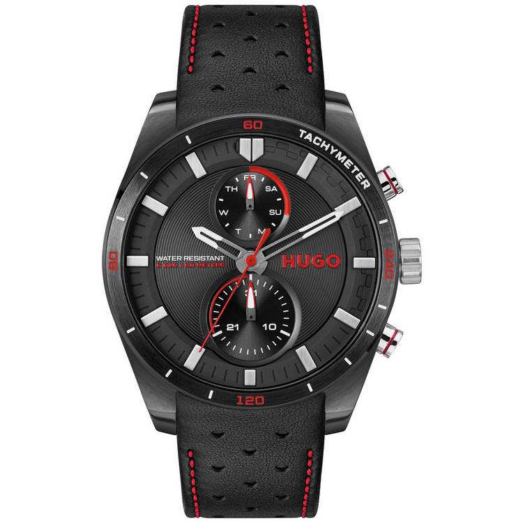 HUGO watch black leather strap multifunction 44mm, imported from the UK