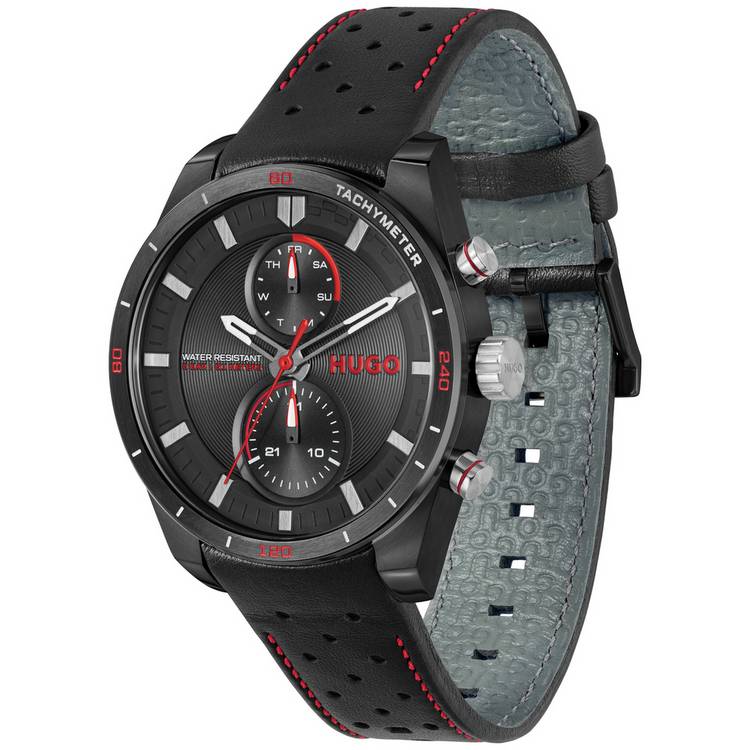 HUGO watch black leather strap multifunction 44mm, imported from the UK