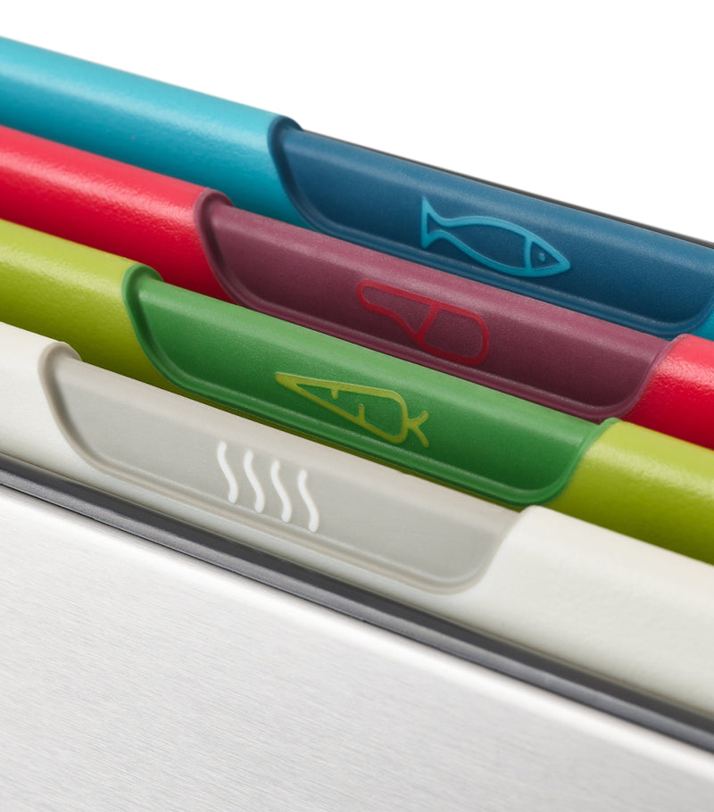 Joseph Joseph colour-coded chopping board set with storage case, UK version