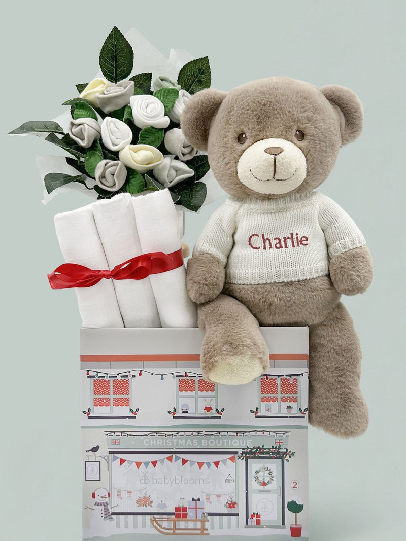 Babyblooms welcome Christmas hamper personalised bear soft toy (British brand)
