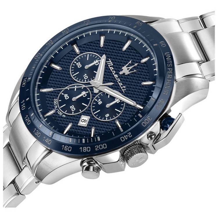 Maserati Traguardo blue dial chronograph watch stainless steel bracelet - British product